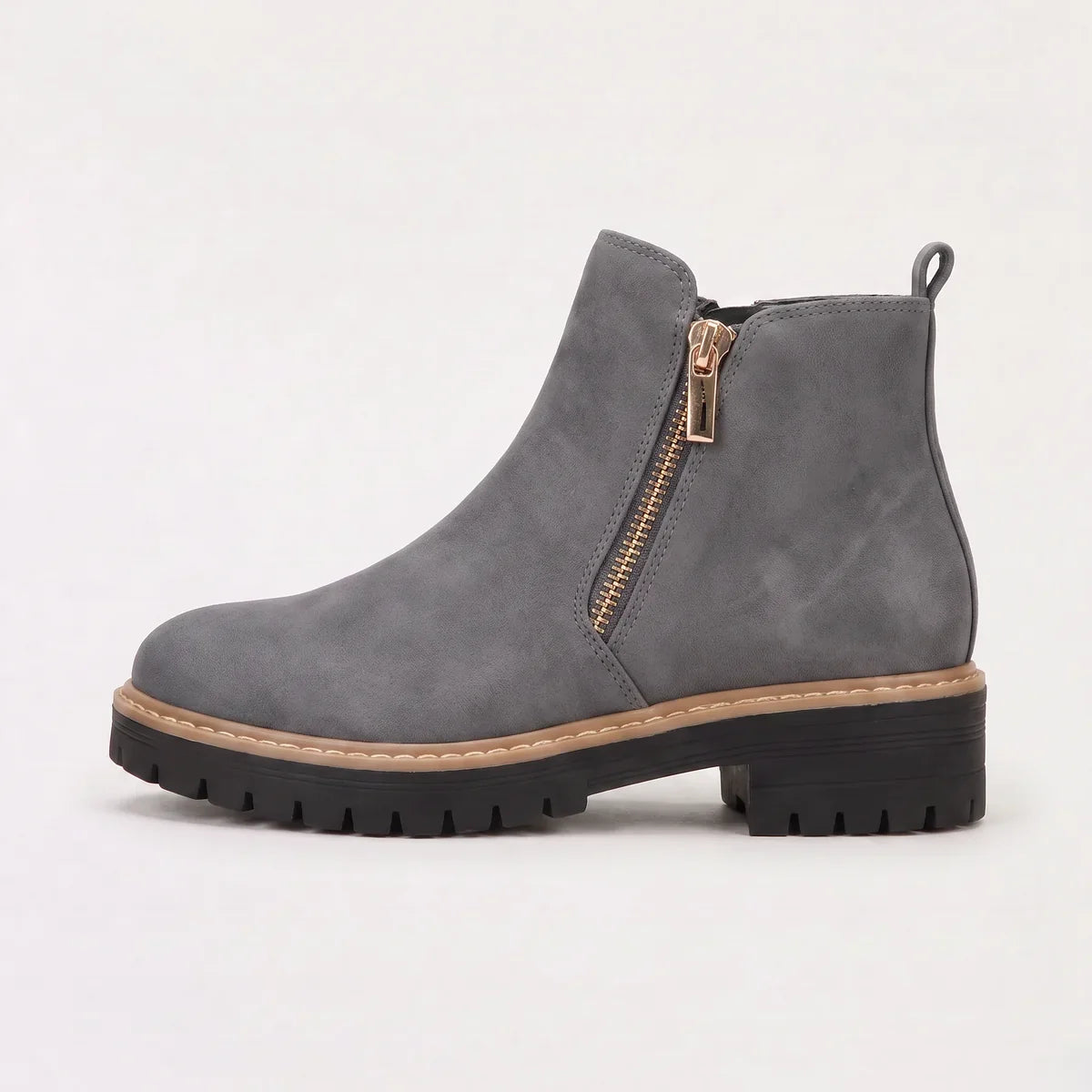 Ankle Boots Women's Black Suede Side Zip Chunky Lug Sole – Casual, Office, Holiday