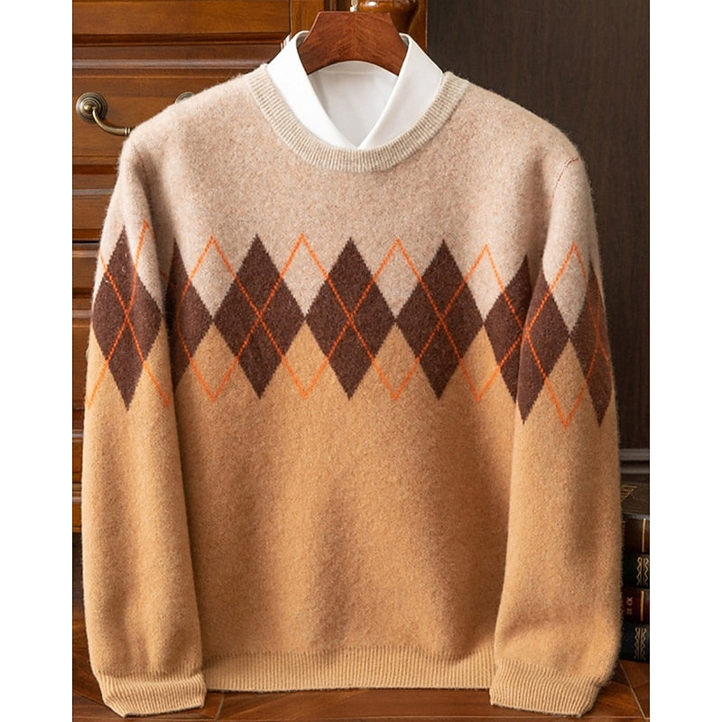 Argyle Crew Neck Jumper Knitted Men's Grey Long Sleeve – Casual, Office, Winter, Gift