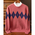 Argyle Crew Neck Jumper Knitted Men's Grey Long Sleeve – Casual, Office, Winter, Gift