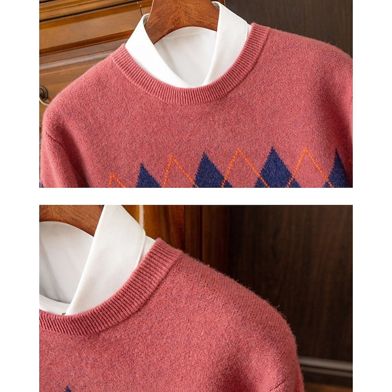 Argyle Crew Neck Jumper Knitted Men's Grey Long Sleeve – Casual, Office, Winter, Gift