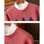 Argyle Crew Neck Jumper Knitted Men's Grey Long Sleeve – Casual, Office, Winter, Gift
