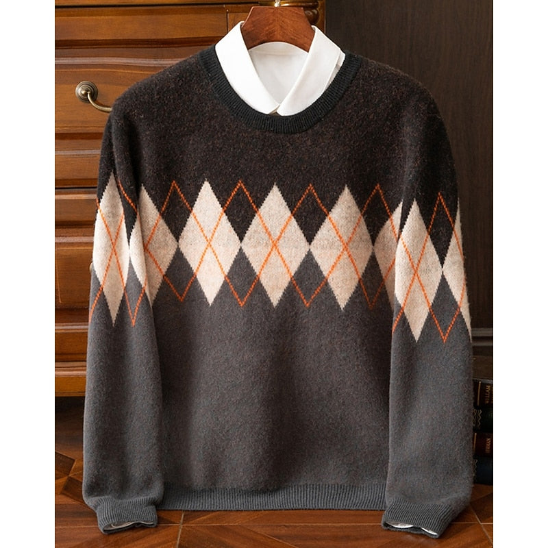 Argyle Crew Neck Jumper Knitted Men's Grey Long Sleeve – Casual, Office, Winter, Gift