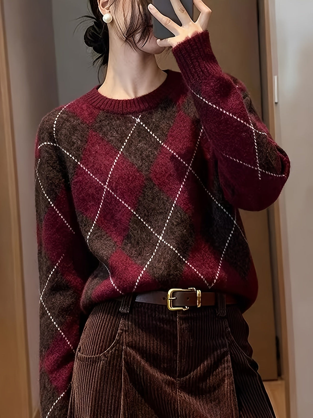 Argyle Knit Jumper Women's Crew Neck Long Sleeve Burgundy Sweater – Casual, Office, Winter Gift