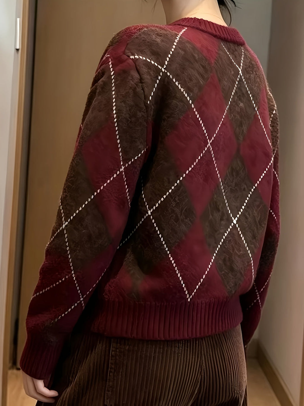 Argyle Knit Jumper Women's Crew Neck Long Sleeve Burgundy Sweater – Casual, Office, Winter Gift