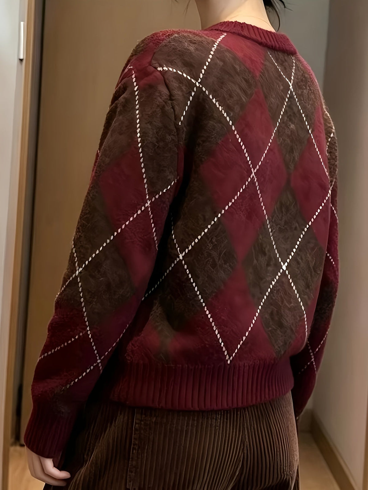 Argyle Knit Jumper Women's Crew Neck Long Sleeve Burgundy Sweater – Casual, Office, Winter Gift
