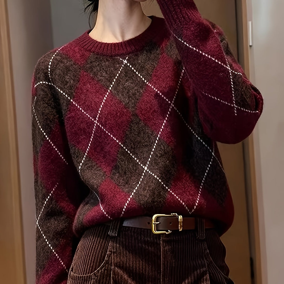 Argyle Knit Jumper Women's Crew Neck Long Sleeve Burgundy Sweater – Casual, Office, Winter Gift
