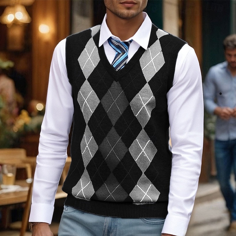 Argyle Knit Sweater Vest Men's V-Neck Sleeveless Grey Blue Jumper – Casual, Office, Smart Layering