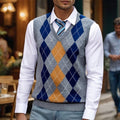 Argyle Knit Sweater Vest Men's V-Neck Sleeveless Grey Blue Jumper – Casual, Office, Smart Layering