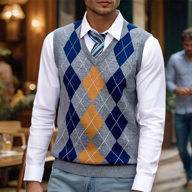 Argyle Knit Sweater Vest Men's V-Neck Sleeveless Grey Blue Jumper – Casual, Office, Smart Layering