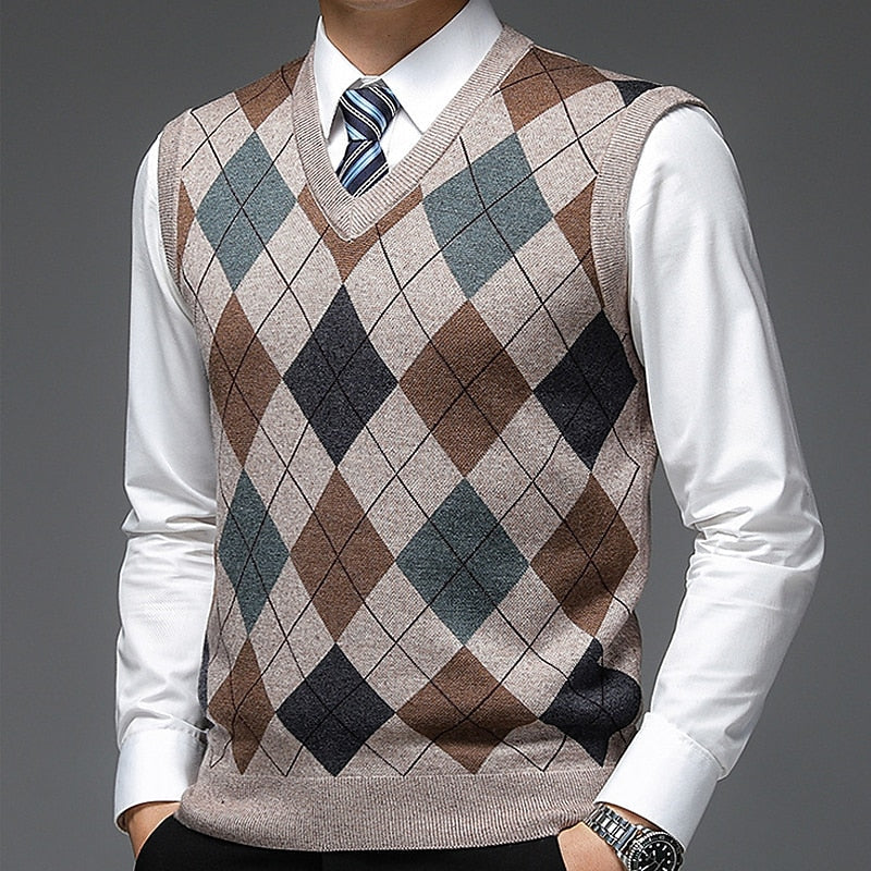 Argyle Sweater Vest V-Neck Sleeveless Men's Knit Jumper – Office, Casual, Gift · Werune