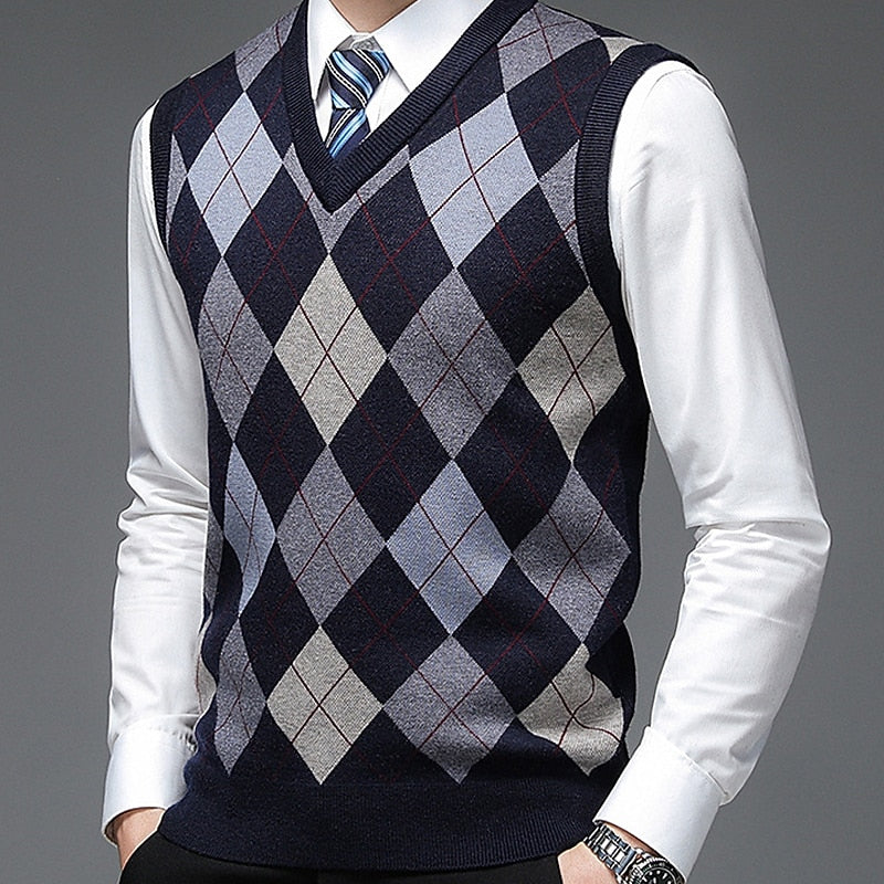 Argyle Sweater Vest V-Neck Sleeveless Men's Knit Jumper – Office, Casual, Gift · Werune
