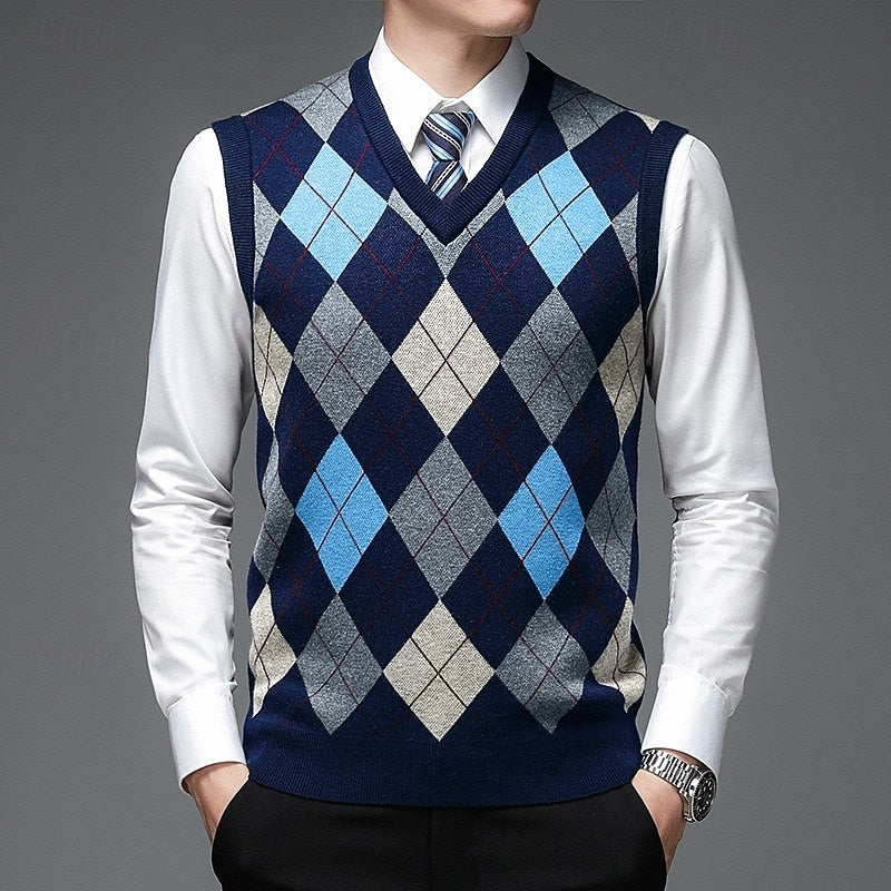 Argyle Sweater Vest V-Neck Sleeveless Men's Knit Jumper – Office, Casual, Gift · Werune