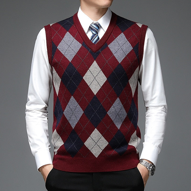 Argyle Sweater Vest V-Neck Sleeveless Men's Knit Jumper – Office, Casual, Gift · Werune