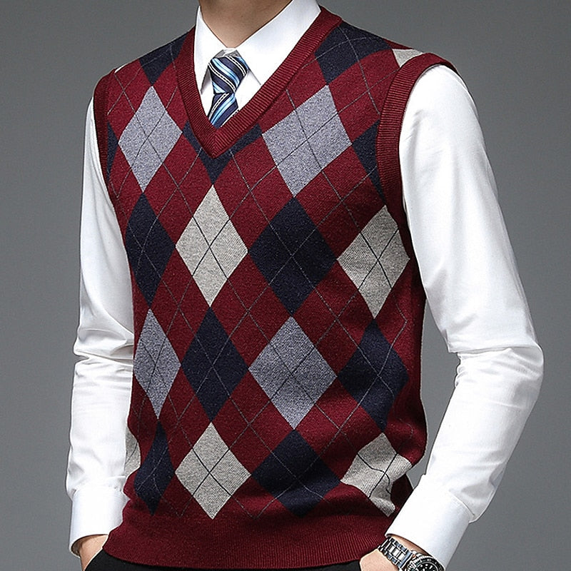Argyle Sweater Vest V-Neck Sleeveless Men's Knit Jumper – Office, Casual, Gift · Werune