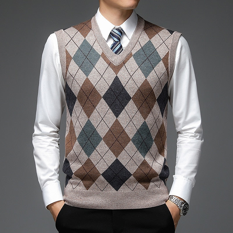 Argyle Sweater Vest V-Neck Sleeveless Men's Knit Jumper – Office, Casual, Gift · Werune