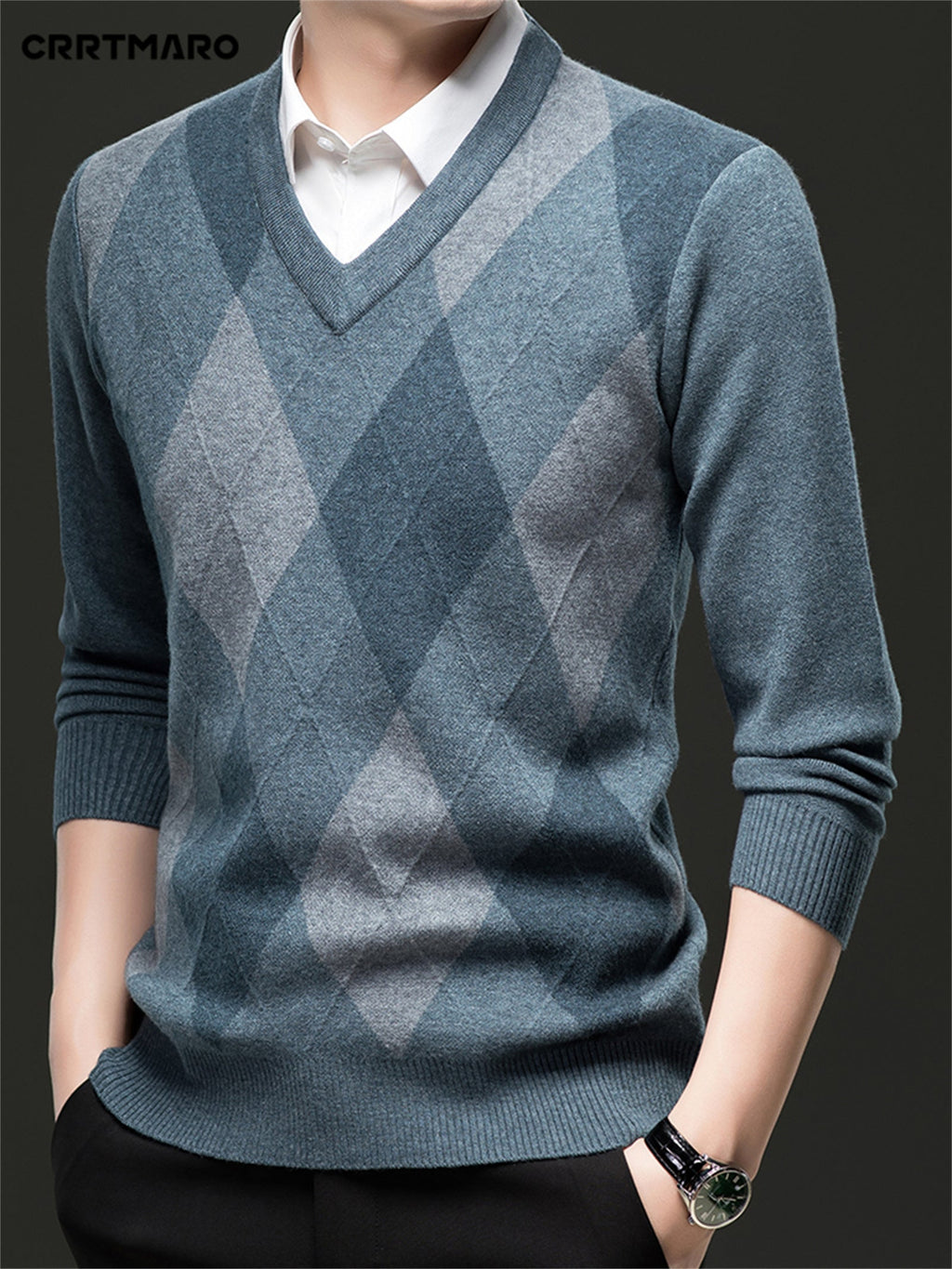 Argyle V-Neck Jumper Knitted Men's Sweater – Casual, Office, Autumn Layering, Gift
