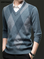 Argyle V-Neck Jumper Knitted Men's Sweater – Casual, Office, Autumn Layering, Gift
