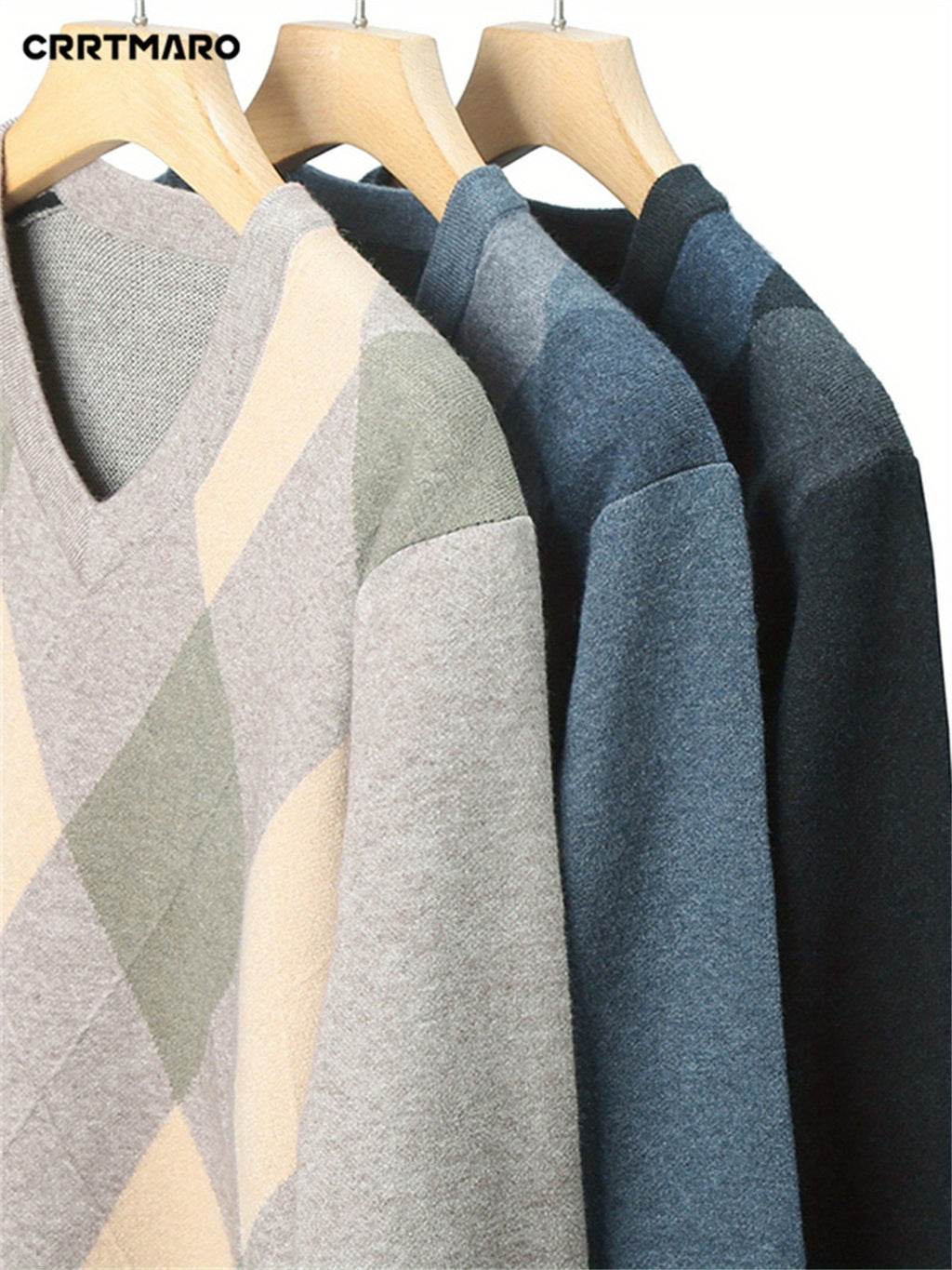 Argyle V-Neck Jumper Knitted Men's Sweater – Casual, Office, Autumn Layering, Gift