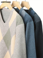 Argyle V-Neck Jumper Knitted Men's Sweater – Casual, Office, Autumn Layering, Gift