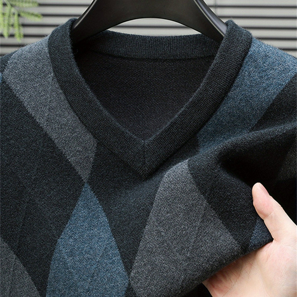 Argyle V-Neck Jumper Knitted Men's Sweater – Casual, Office, Autumn Layering, Gift