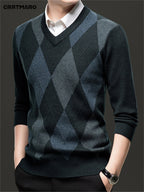 Argyle V-Neck Jumper Knitted Men's Sweater – Casual, Office, Autumn Layering, Gift