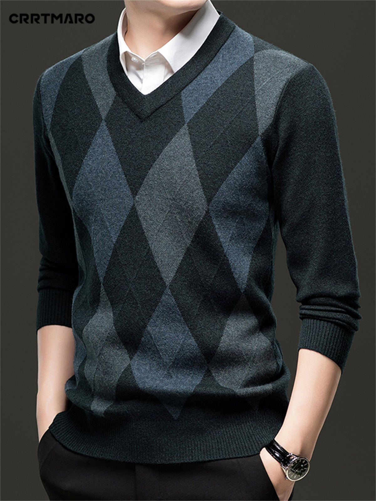 Argyle V-Neck Jumper Knitted Men's Sweater – Casual, Office, Autumn Layering, Gift