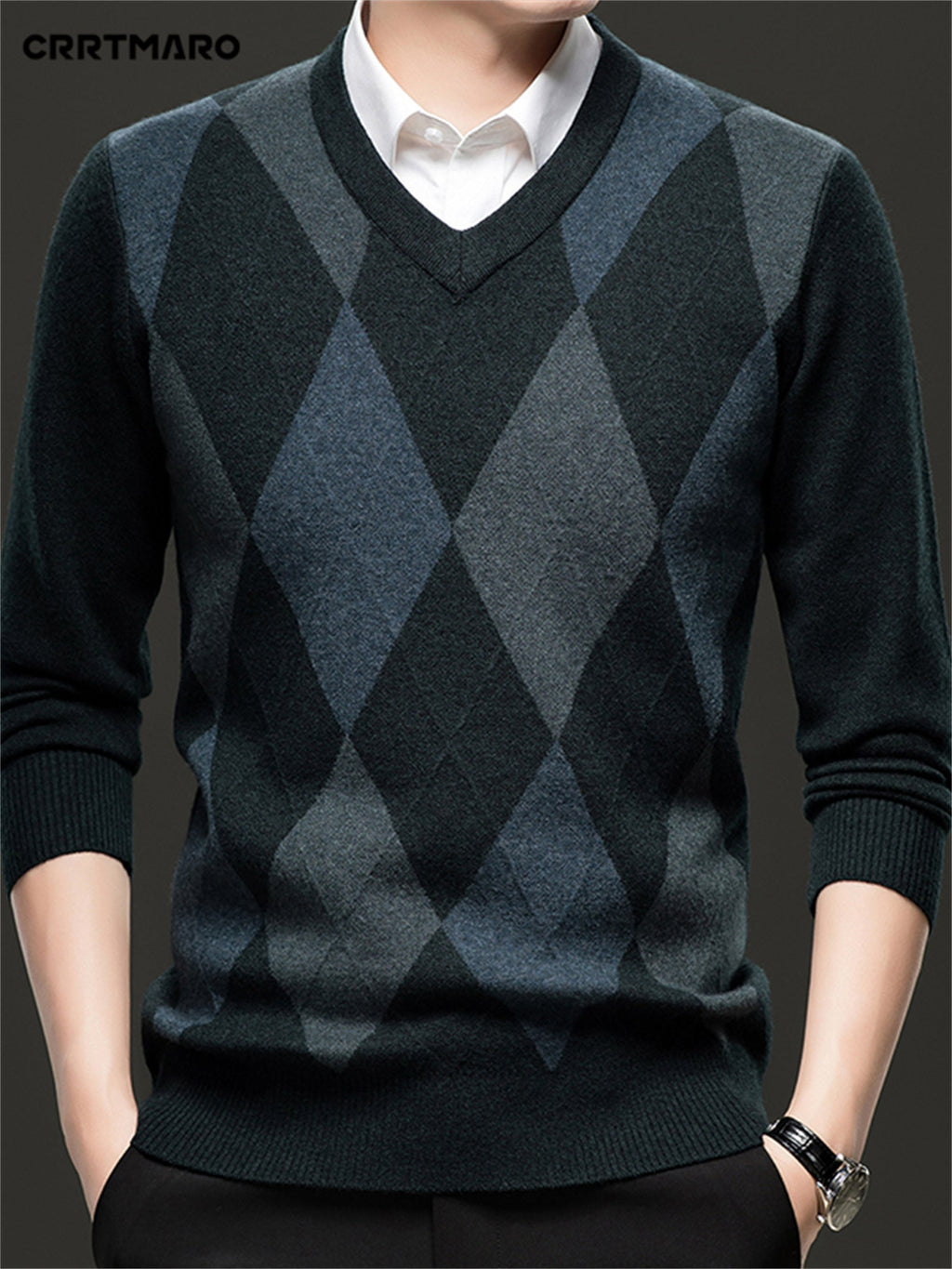 Argyle V-Neck Jumper Knitted Men's Sweater – Casual, Office, Autumn Layering, Gift
