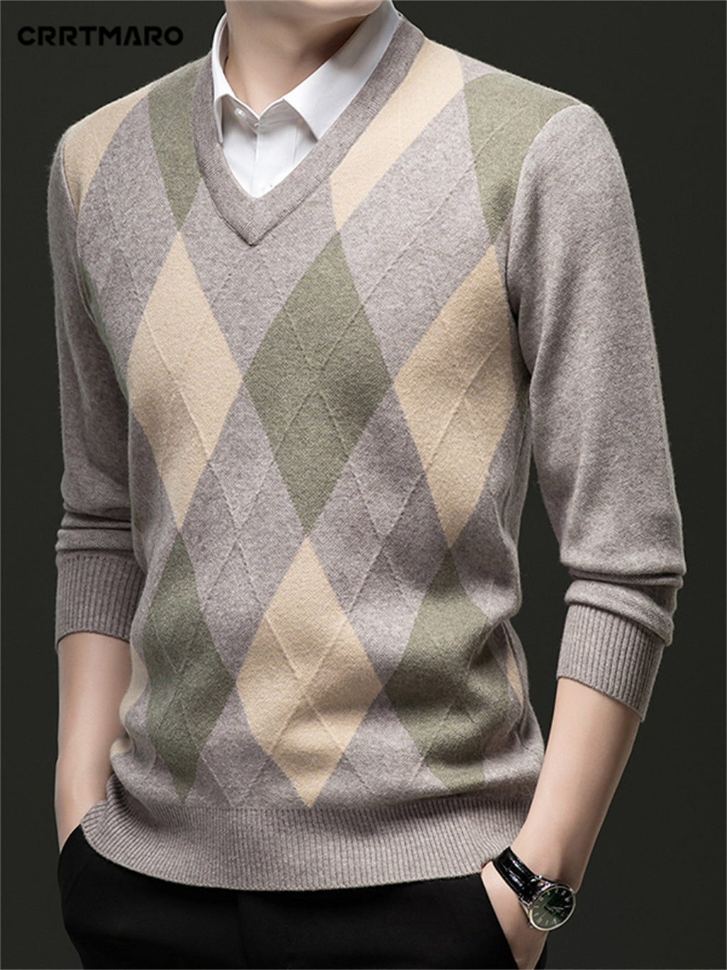 Argyle V-Neck Jumper Knitted Men's Sweater – Casual, Office, Autumn Layering, Gift