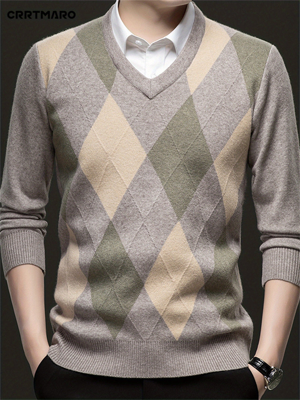 Argyle V-Neck Jumper Knitted Men's Sweater – Casual, Office, Autumn Layering, Gift