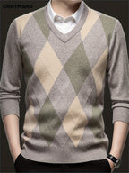 Argyle V-Neck Jumper Knitted Men's Sweater – Casual, Office, Autumn Layering, Gift