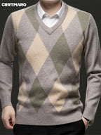 Argyle V-Neck Jumper Knitted Men's Sweater – Casual, Office, Autumn Layering, Gift