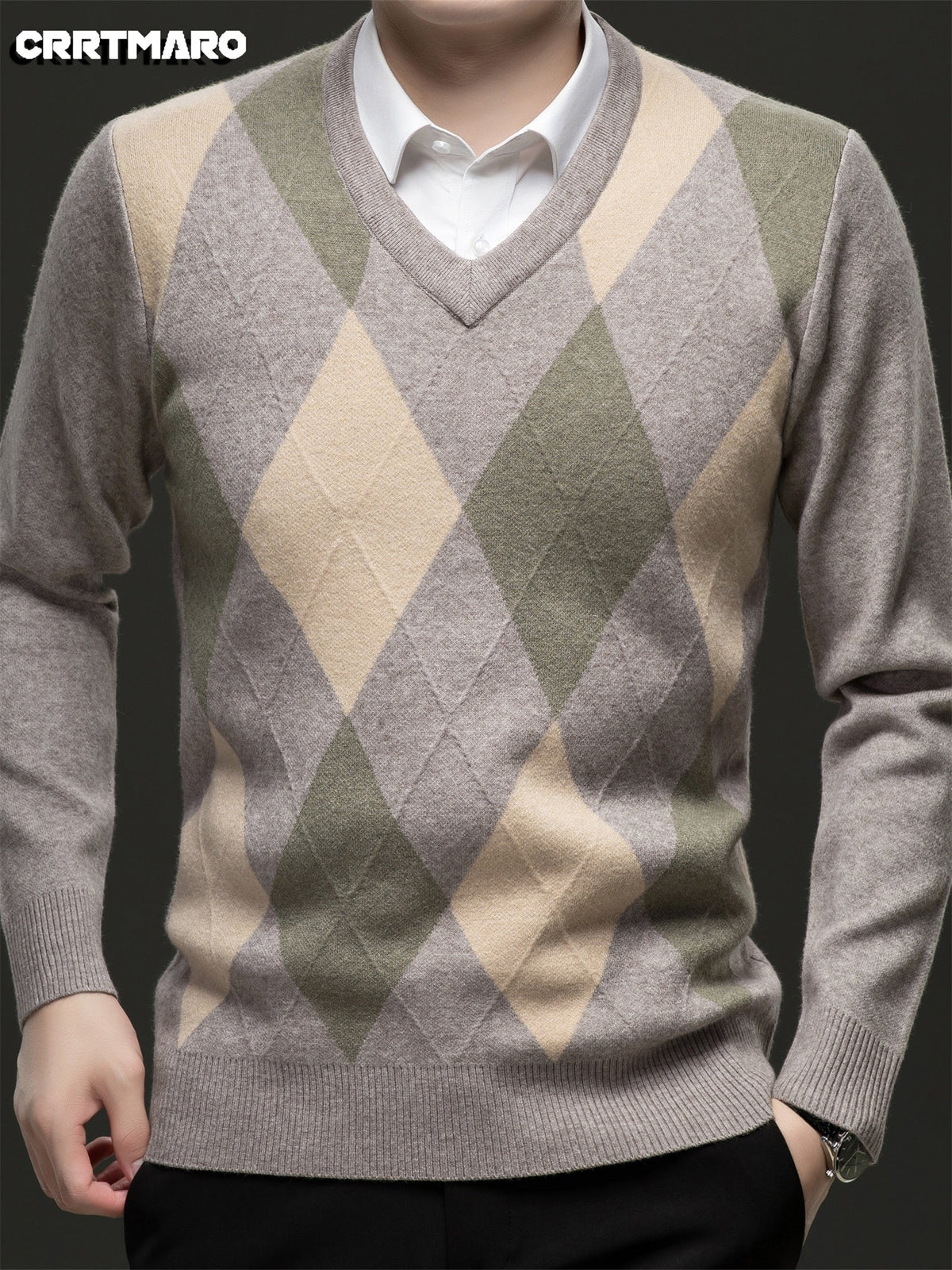 Argyle V-Neck Jumper Knitted Men's Sweater – Casual, Office, Autumn Layering, Gift