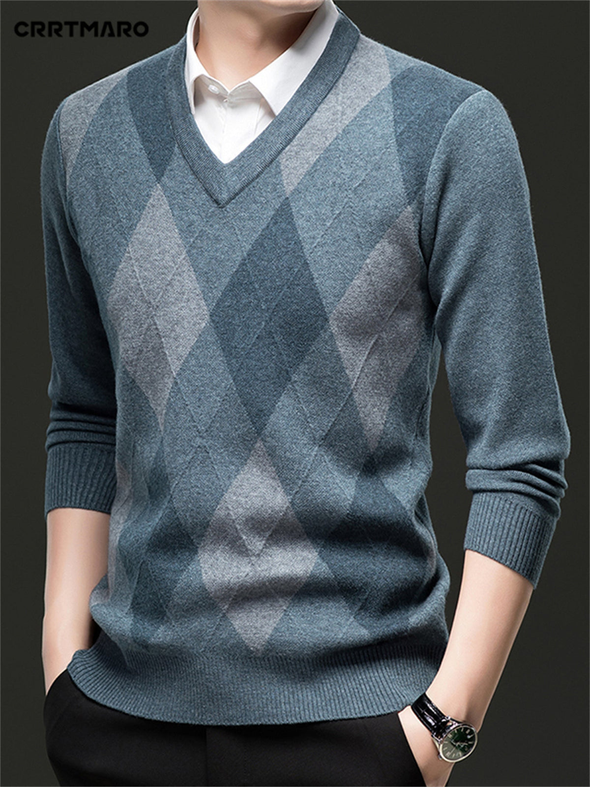 Argyle V-Neck Jumper Knitted Men's Sweater – Casual, Office, Autumn Layering, Gift