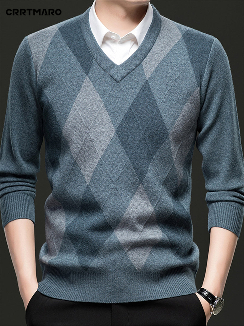 Argyle V-Neck Jumper Knitted Men's Sweater – Casual, Office, Autumn Layering, Gift