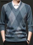 Argyle V-Neck Jumper Knitted Men's Sweater – Casual, Office, Autumn Layering, Gift