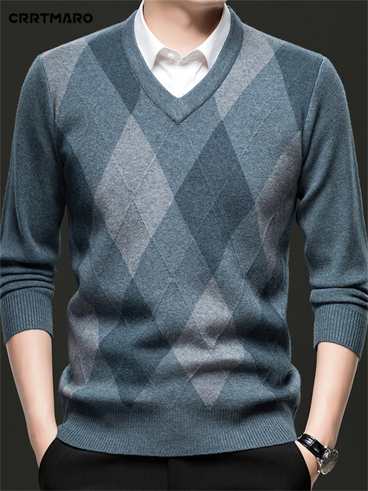 Argyle V-Neck Jumper Knitted Men's Sweater – Casual, Office, Autumn Layering, Gift