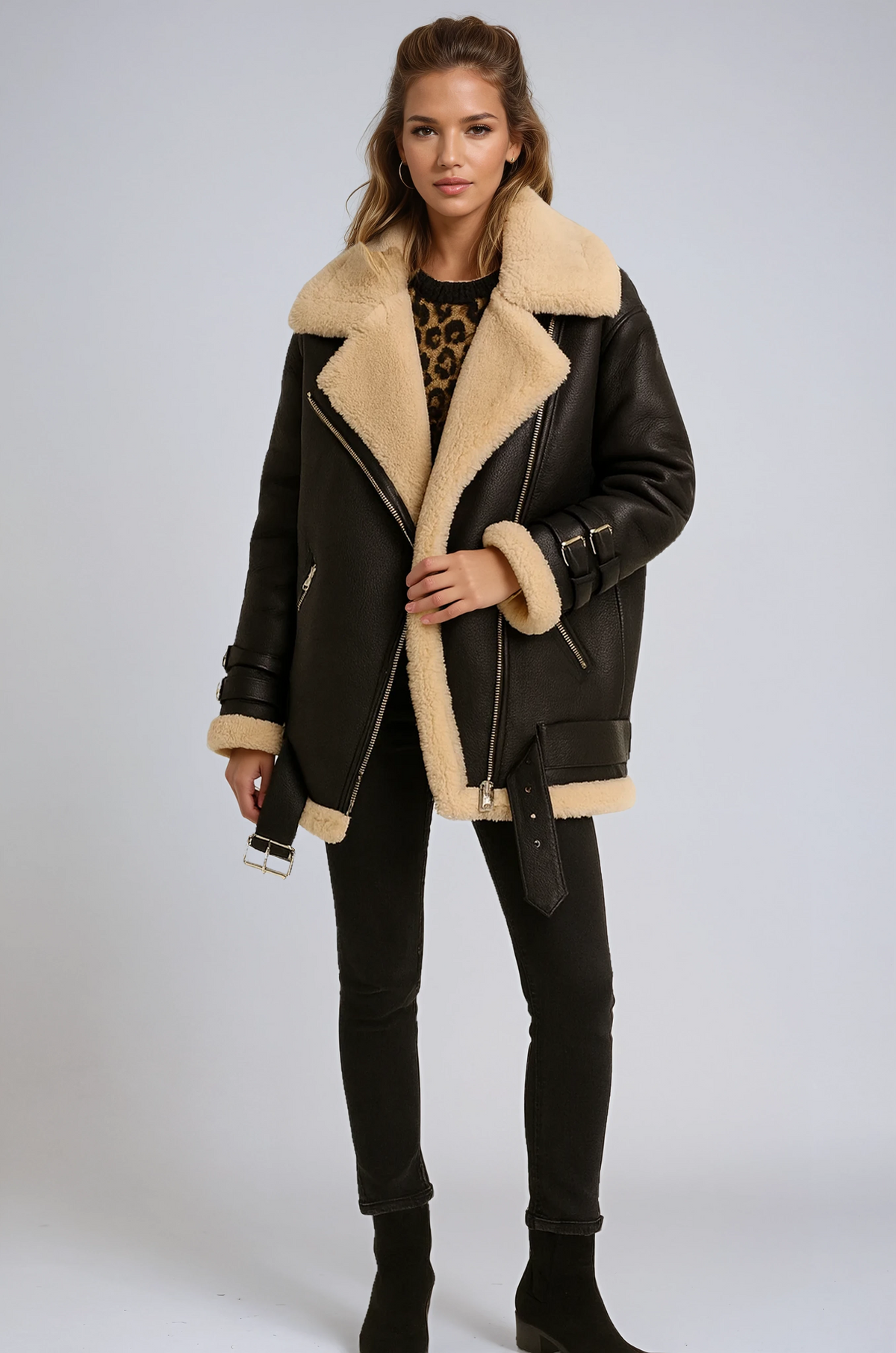 Aviator Jacket Faux Suede Shearling Grey Women's Belted – Casual, Winter Outerwear