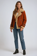 Aviator Jacket Faux Suede Shearling Grey Women's Belted – Casual, Winter Outerwear