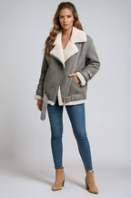 Aviator Jacket Faux Suede Shearling Grey Women's Belted – Casual, Winter Outerwear