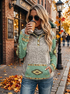 Aztec Print Hoodie Women's Button Drawstring Hooded Sweatshirt with Pocket – Casual, Everyday