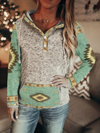 Aztec Print Hoodie Women's Button Drawstring Hooded Sweatshirt with Pocket – Casual, Everyday