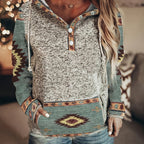 Aztec Print Hoodie Women's Button Drawstring Hooded Sweatshirt with Pocket – Casual, Everyday