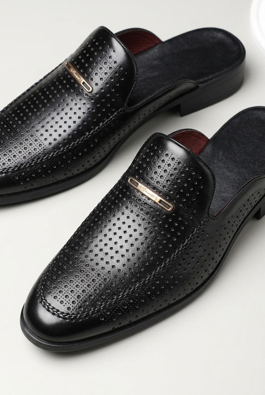 Backless Loafer Mules Black Perforated Leather Men's Slip On Shoes – Office, Casual