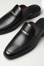 Backless Loafer Mules Black Perforated Leather Men's Slip On Shoes – Office, Casual