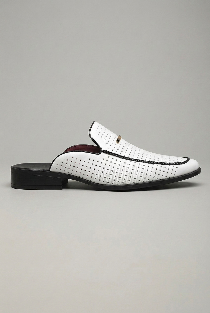 Backless Loafer Mules Black Perforated Leather Men's Slip On Shoes – Office, Casual