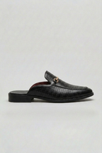 Backless Loafer Mules Black Perforated Leather Men's Slip On Shoes – Office, Casual