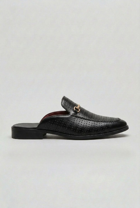 Backless Loafer Mules Black Perforated Leather Men's Slip On Shoes – Office, Casual