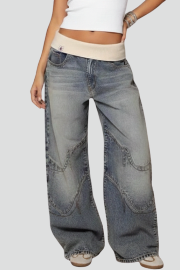 Baggy Wide-Leg Jeans Denim Blue Washed Women's Ribbed Waistband – Casual, Everyday Streetwear Style
