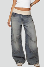 Baggy Wide-Leg Jeans Denim Blue Washed Women's Ribbed Waistband – Casual, Everyday Streetwear Style