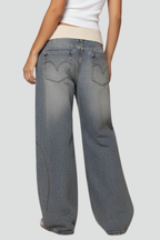 Baggy Wide-Leg Jeans Denim Blue Washed Women's Ribbed Waistband – Casual, Everyday Streetwear Style